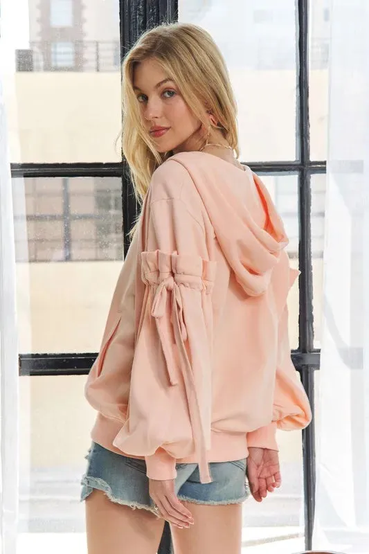 ADORA  Ruffled Puff Sleeve Zip Up Womens Hoodie