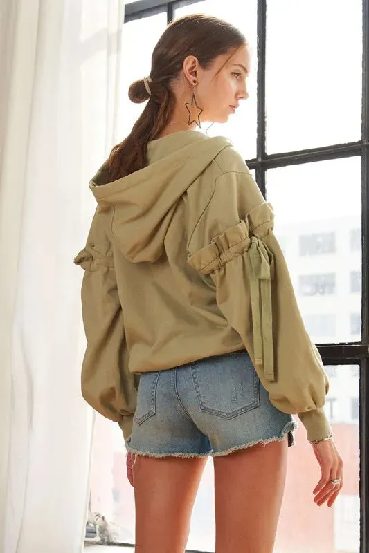 ADORA Ruffled Puff Sleeve Zip Up Womens Hoodie