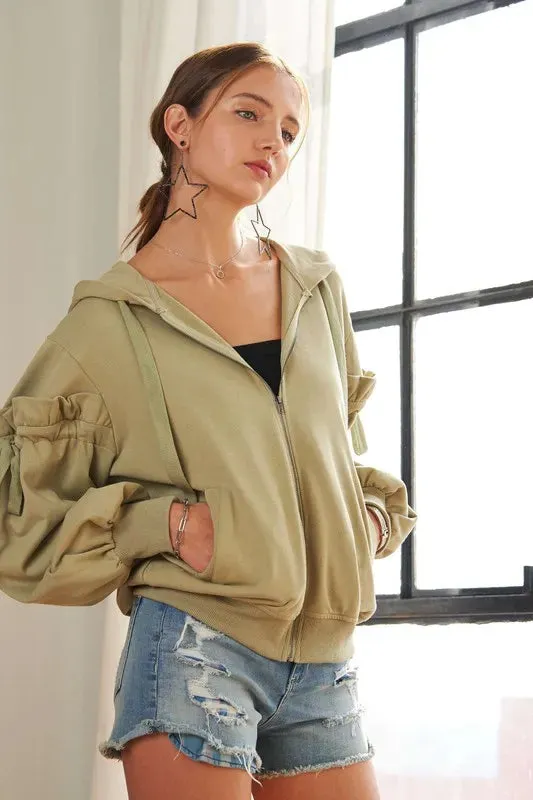 ADORA Ruffled Puff Sleeve Zip Up Womens Hoodie