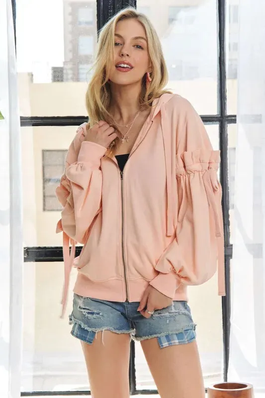 ADORA  Ruffled Puff Sleeve Zip Up Womens Hoodie