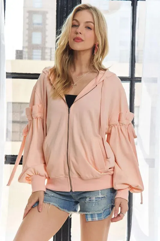 ADORA  Ruffled Puff Sleeve Zip Up Womens Hoodie