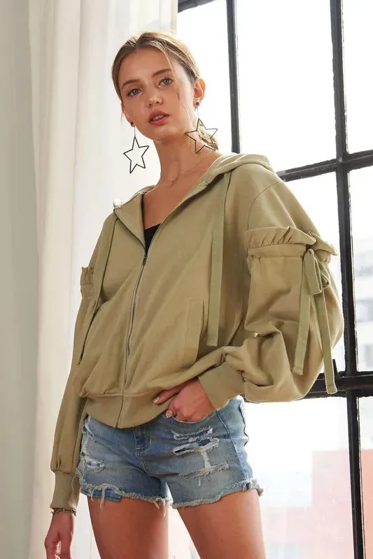 ADORA Ruffled Puff Sleeve Zip Up Womens Hoodie