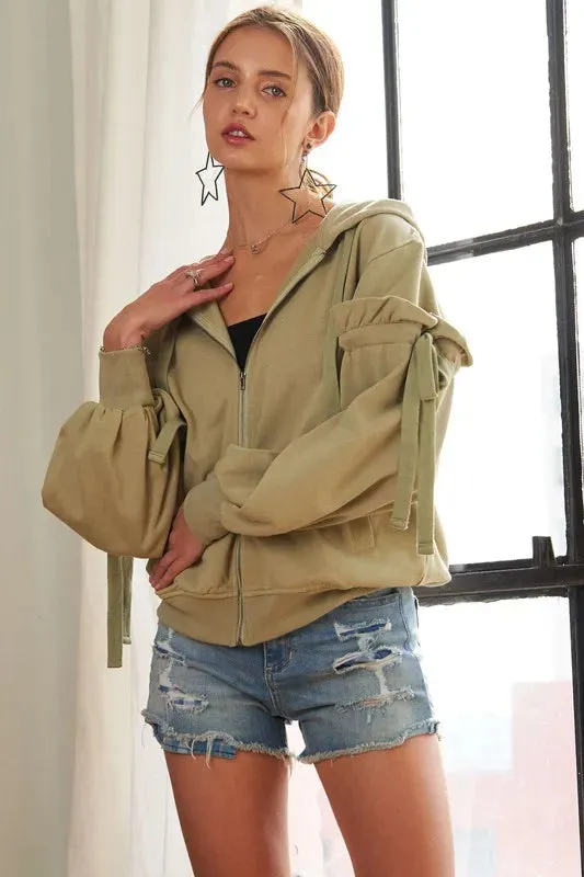 ADORA Ruffled Puff Sleeve Zip Up Womens Hoodie