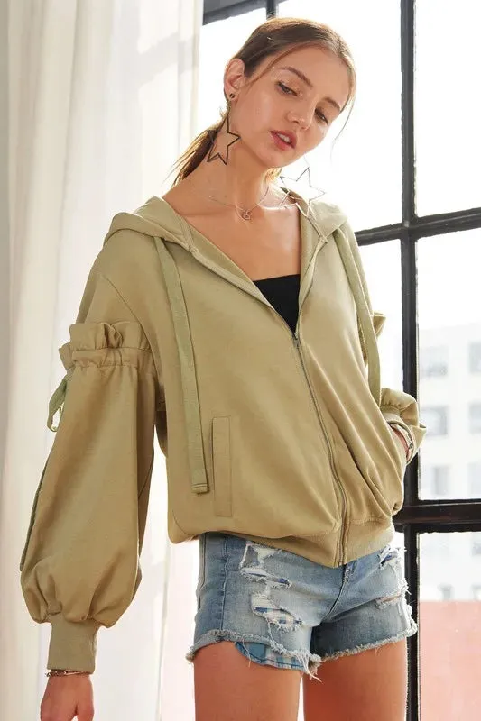 ADORA Ruffled Puff Sleeve Zip Up Womens Hoodie