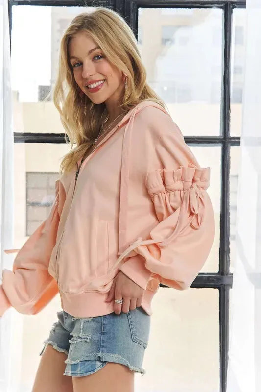 ADORA  Ruffled Puff Sleeve Zip Up Womens Hoodie