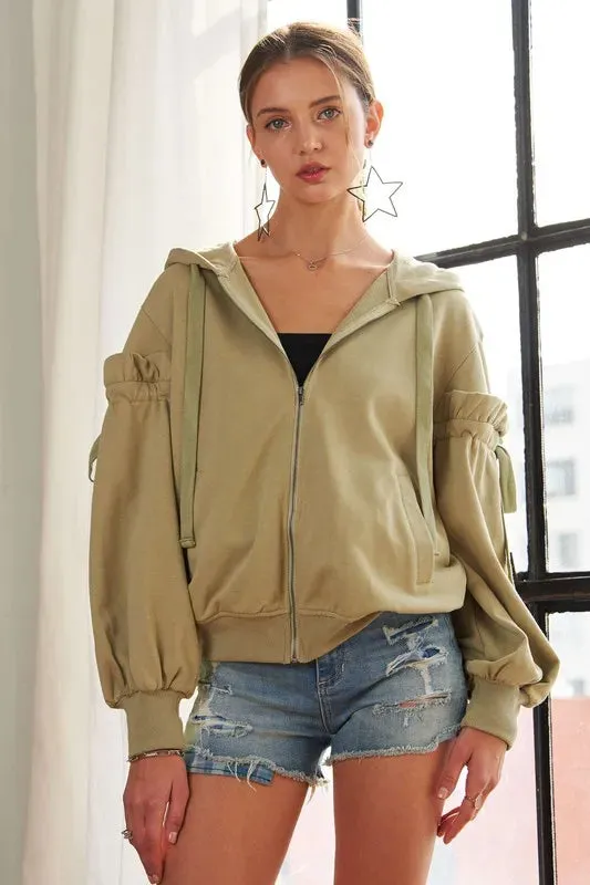 ADORA Ruffled Puff Sleeve Zip Up Womens Hoodie