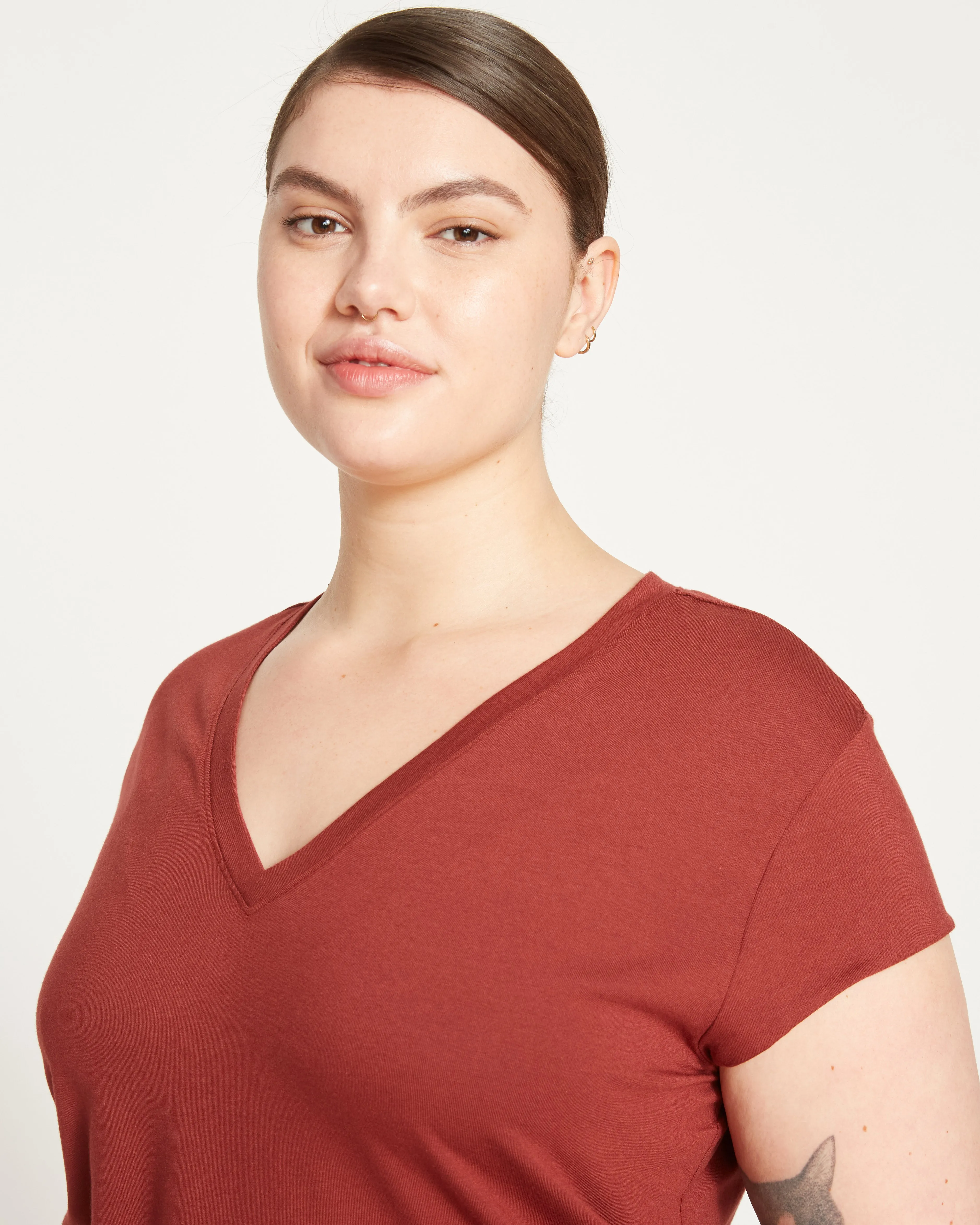 Ashley V Neck Cap Sleeve Tee - Cinnamon