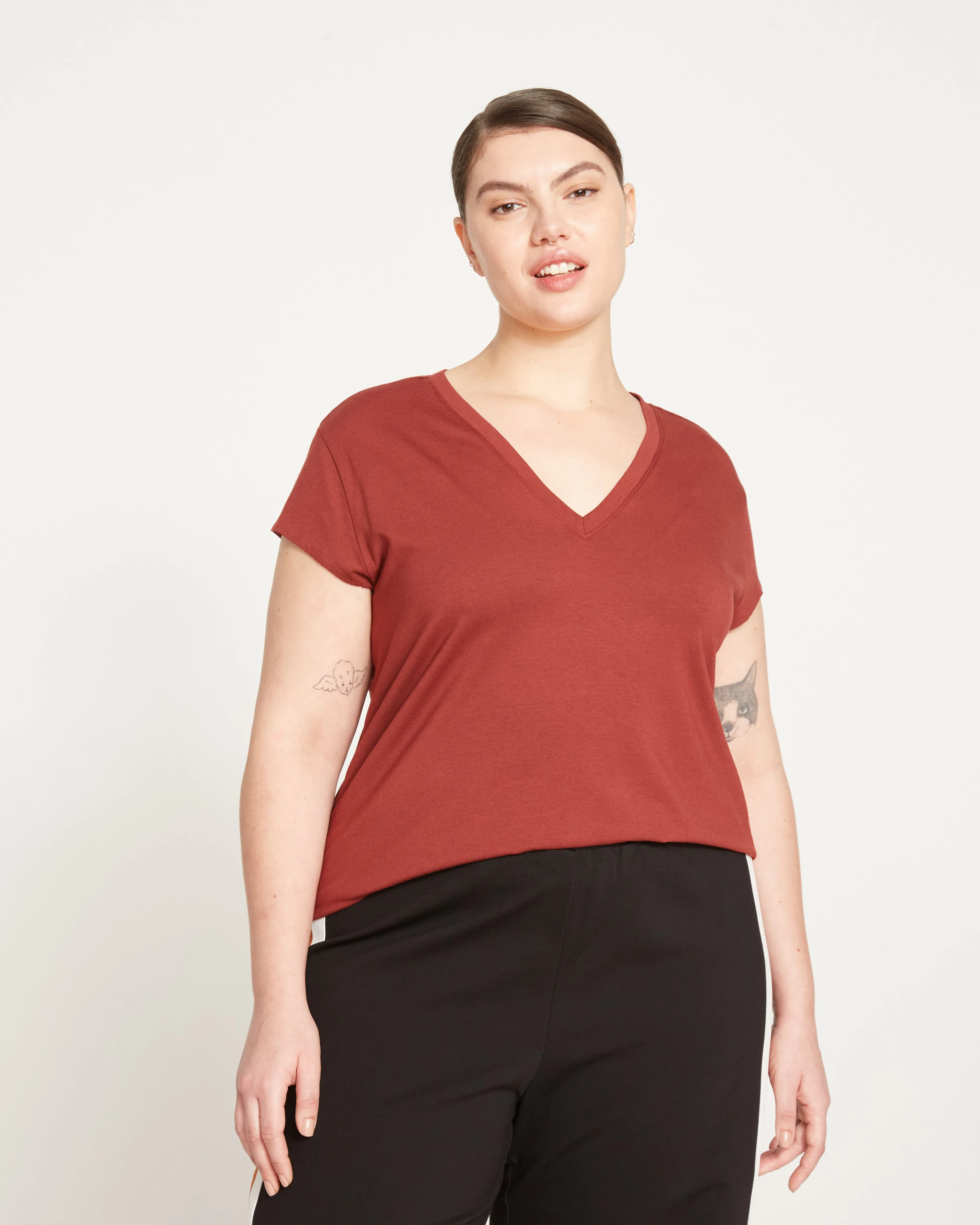 Ashley V Neck Cap Sleeve Tee - Cinnamon