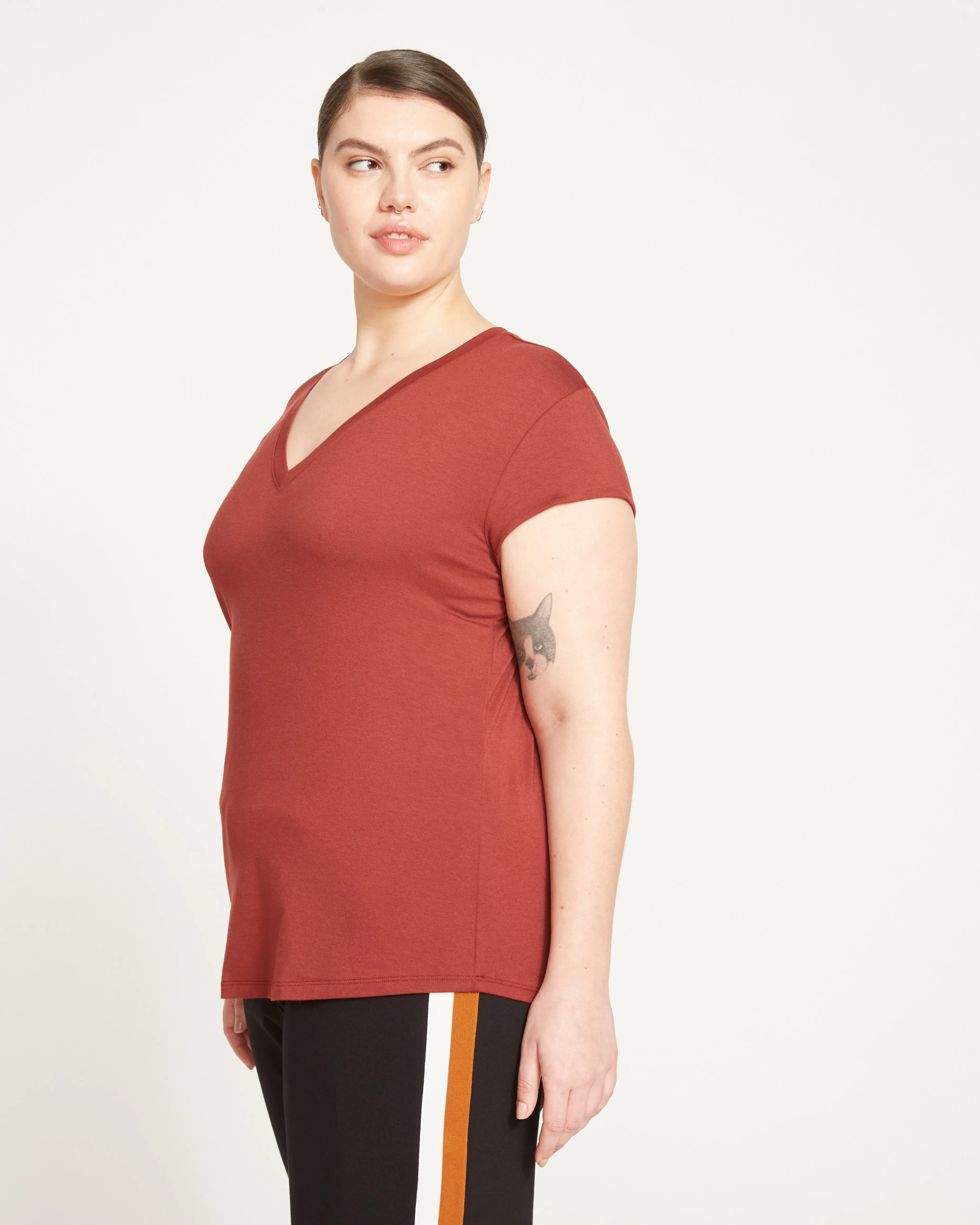 Ashley V Neck Cap Sleeve Tee - Cinnamon