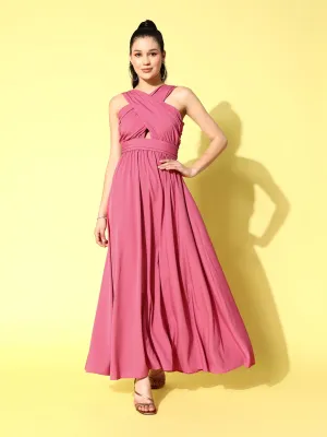 Berrylush Women Solid Pink V-Neck Criss-Cross Back Crepe Flared A-Line Maxi Dress