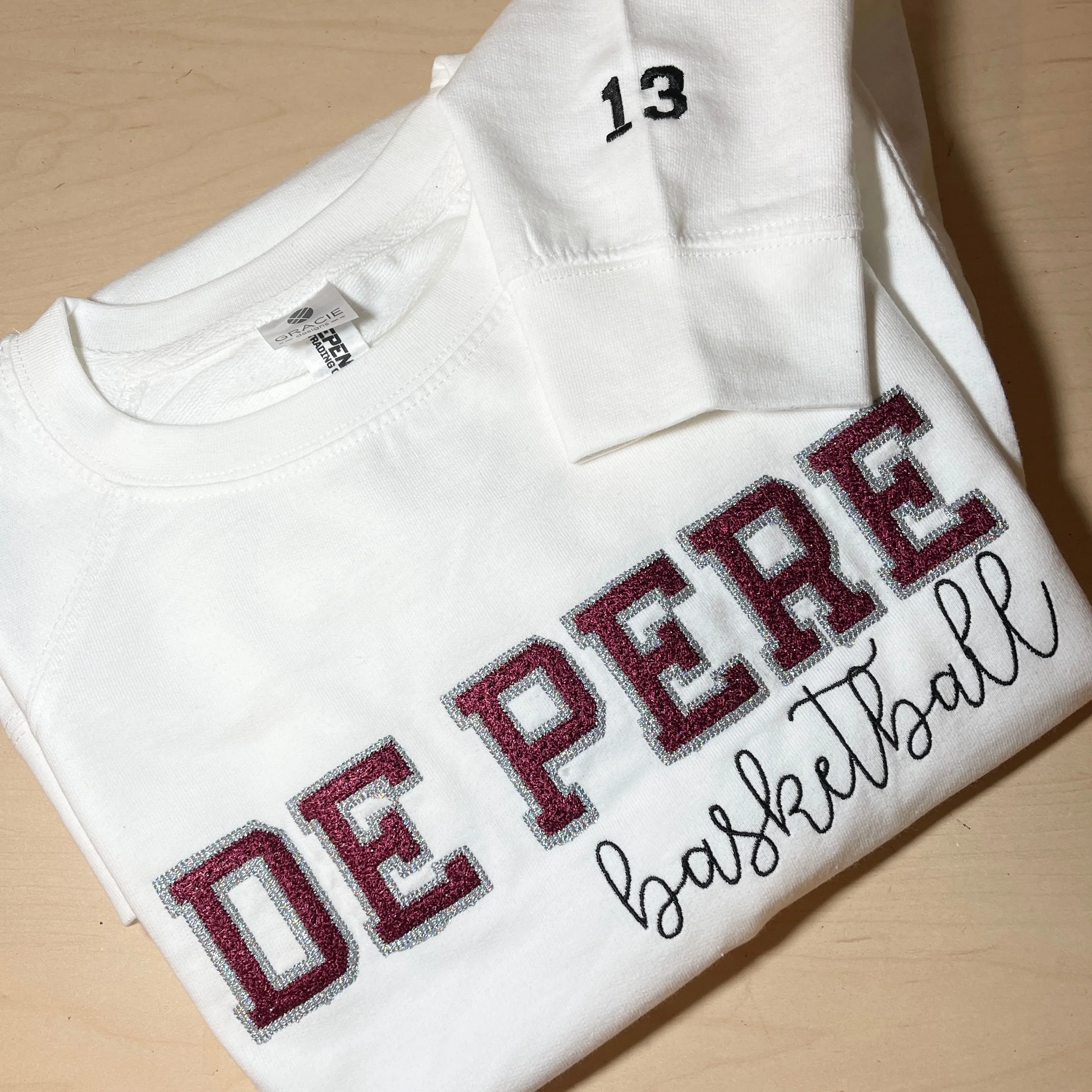 Bling Glitter De Pere Redbirds Custom Crewneck or Hoodie Sweatshirt