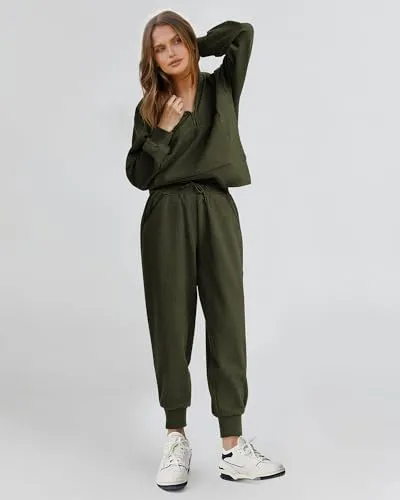 BTFBM Women's Two Piece Outfits Long Sleeve V Neck Zip Pullover Top & Drawstring Pants Sweatsuit Tracksuits Lounge Set(Solid Fruit Green,Medium)