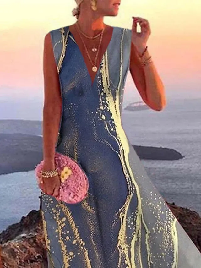Casual Dress Swing Dress Long Dress Maxi Dress Gray Sleeveless Print Print Spring Summer V Neck Stylish Daily Vacation  S M L XL XXL 3XL for Women