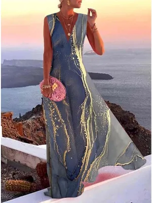 Casual Dress Swing Dress Long Dress Maxi Dress Gray Sleeveless Print Print Spring Summer V Neck Stylish Daily Vacation  S M L XL XXL 3XL for Women