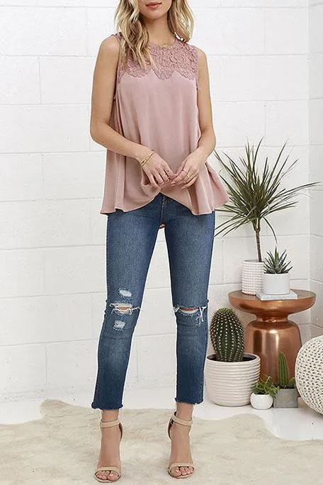 Casual Round Neck Lace Tank Top Tee Shirts Sleeveless