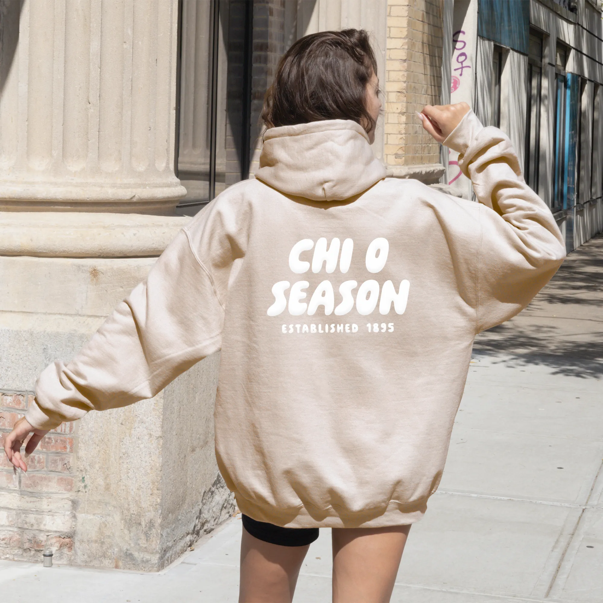 Chi Omega Tan Hoodie with Puff Design - Foxy Season