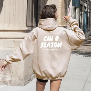 Chi Omega Tan Hoodie with Puff Design - Foxy Season