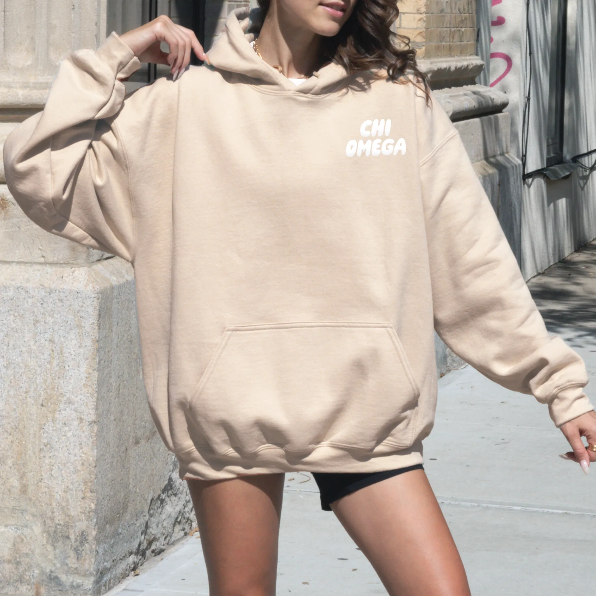 Chi Omega Tan Hoodie with Puff Design - Foxy Season