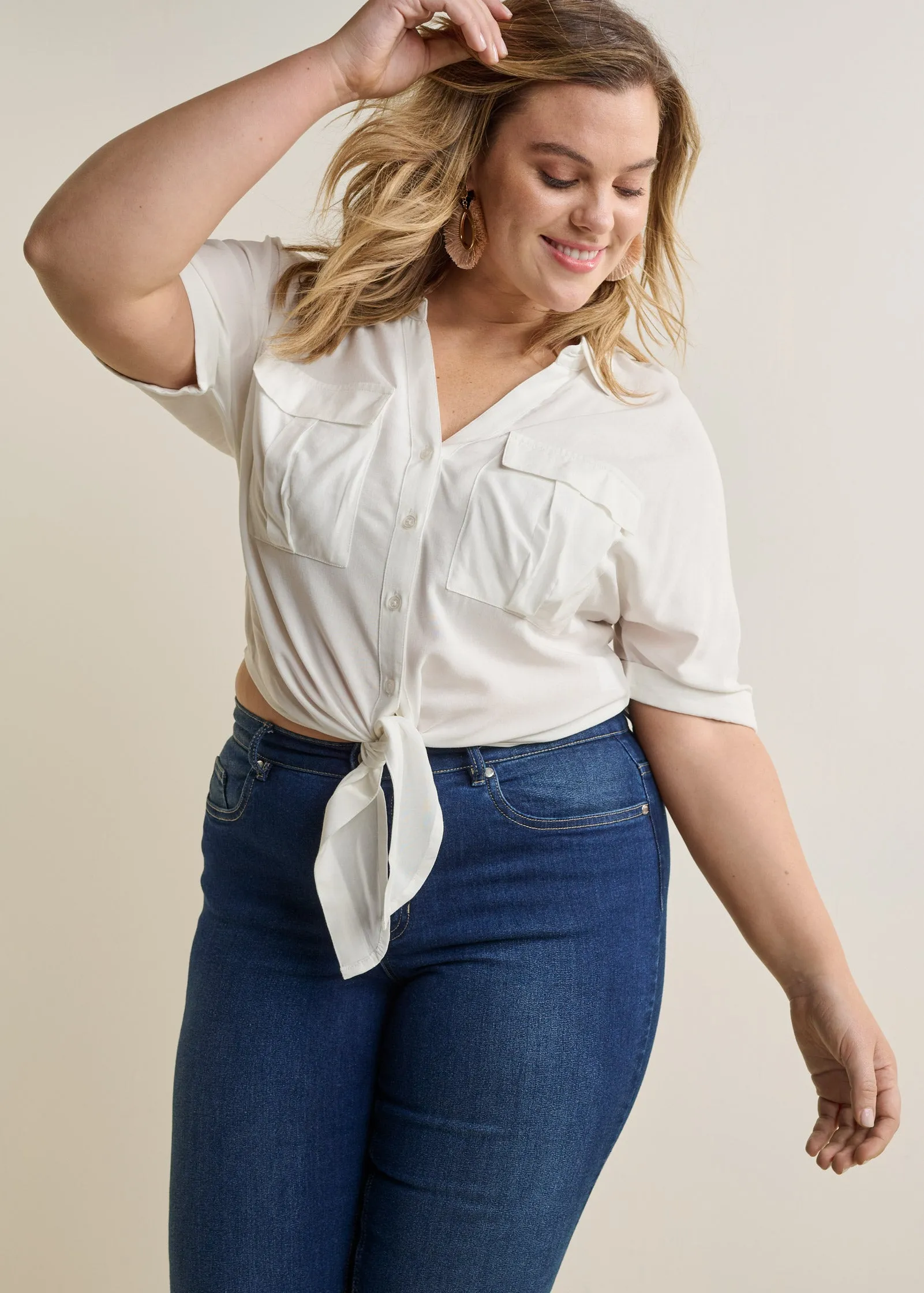 Cropped Button-Up Top - White