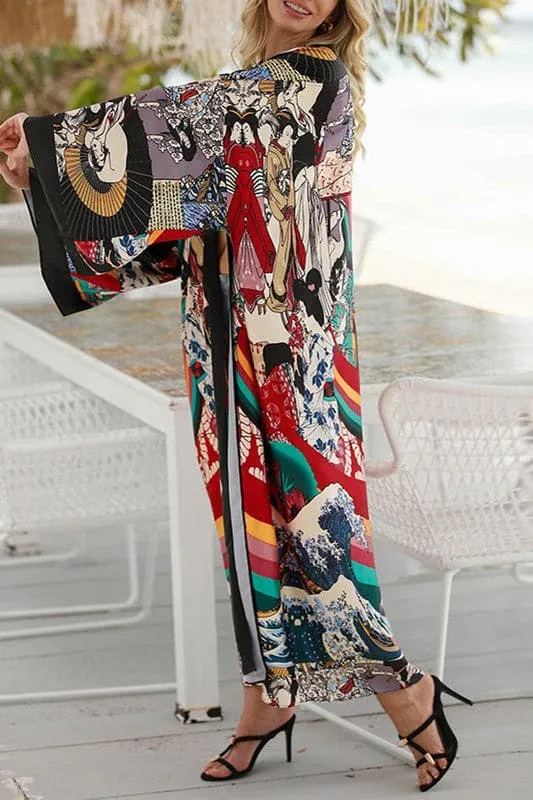 CZ009 Graphic Maxi Kimono Cardigan