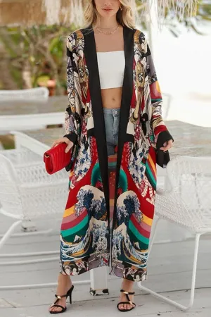 CZ009 Graphic Maxi Kimono Cardigan