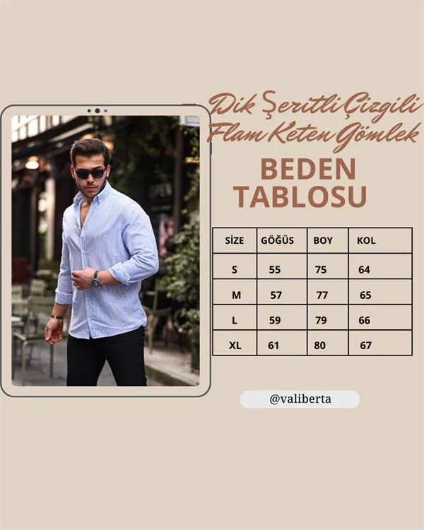 dik şerit çizgili flam keten gömlek