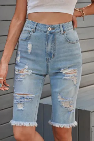 Distressed Raw Hem Denim Mom Bermuda Shorts