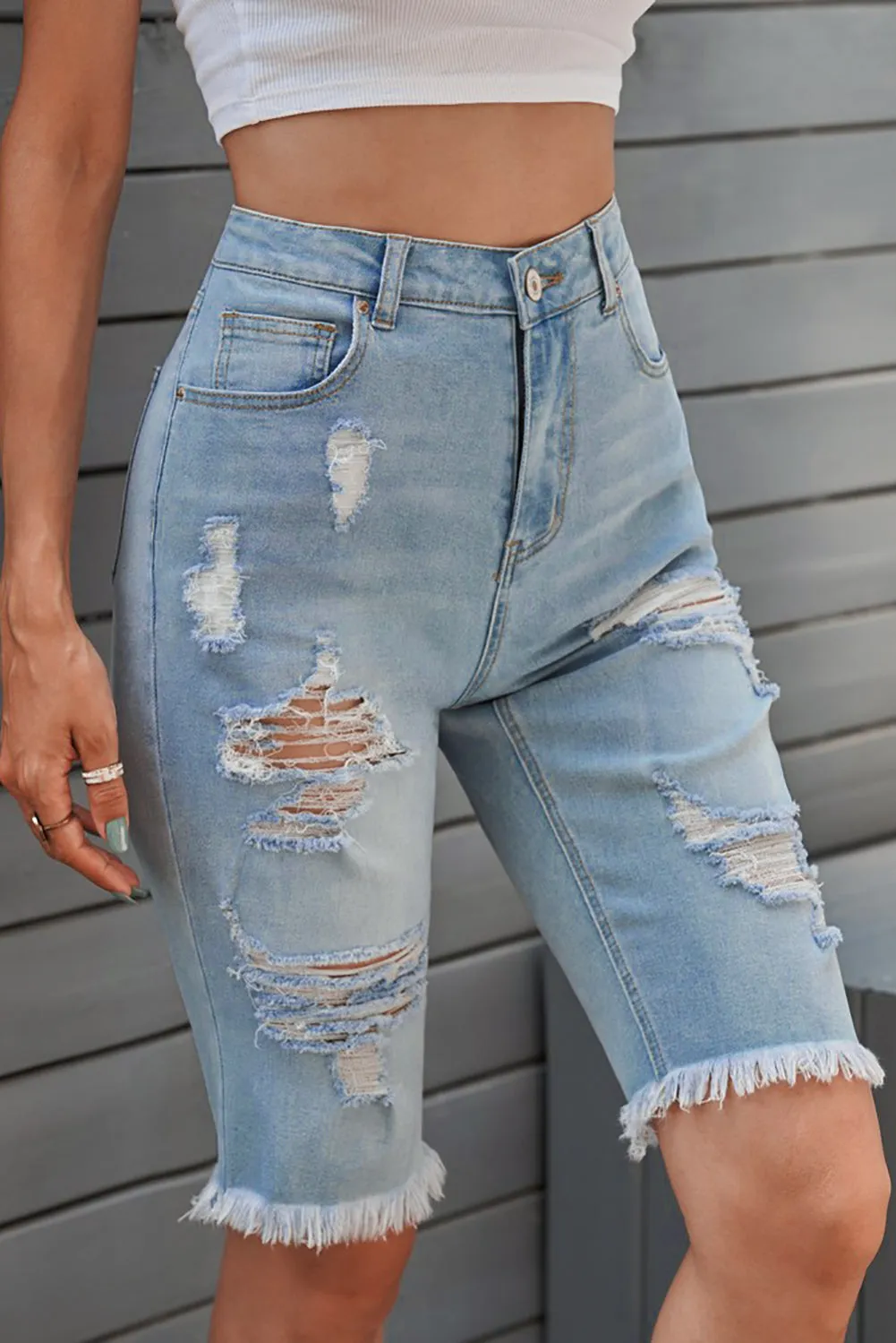 Distressed Raw Hem Denim Mom Bermuda Shorts