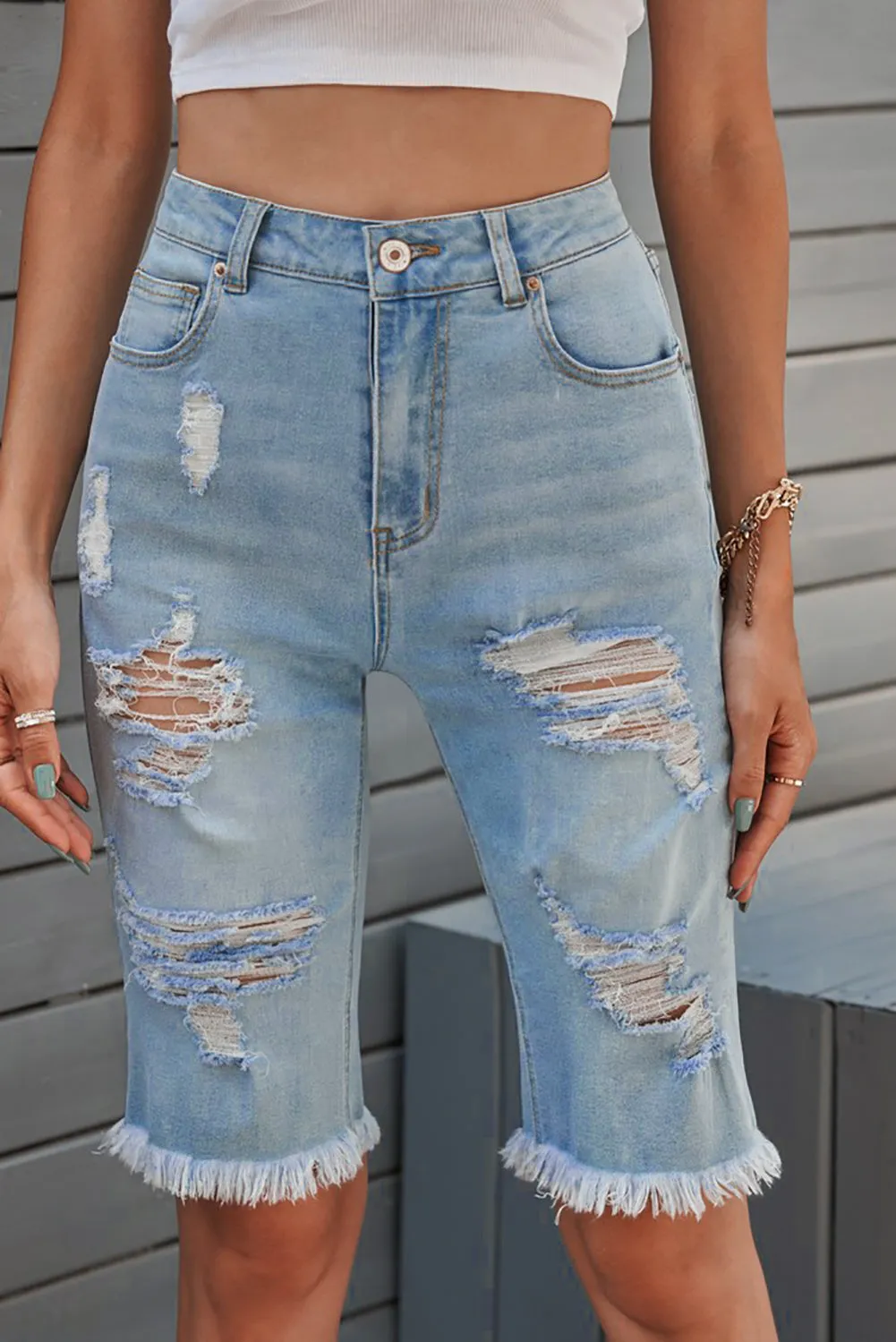 Distressed Raw Hem Denim Mom Bermuda Shorts