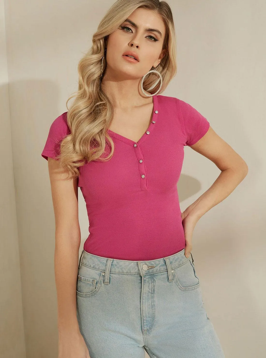 Eco Hot Pink V-Neck Logo Henley T-Shirt