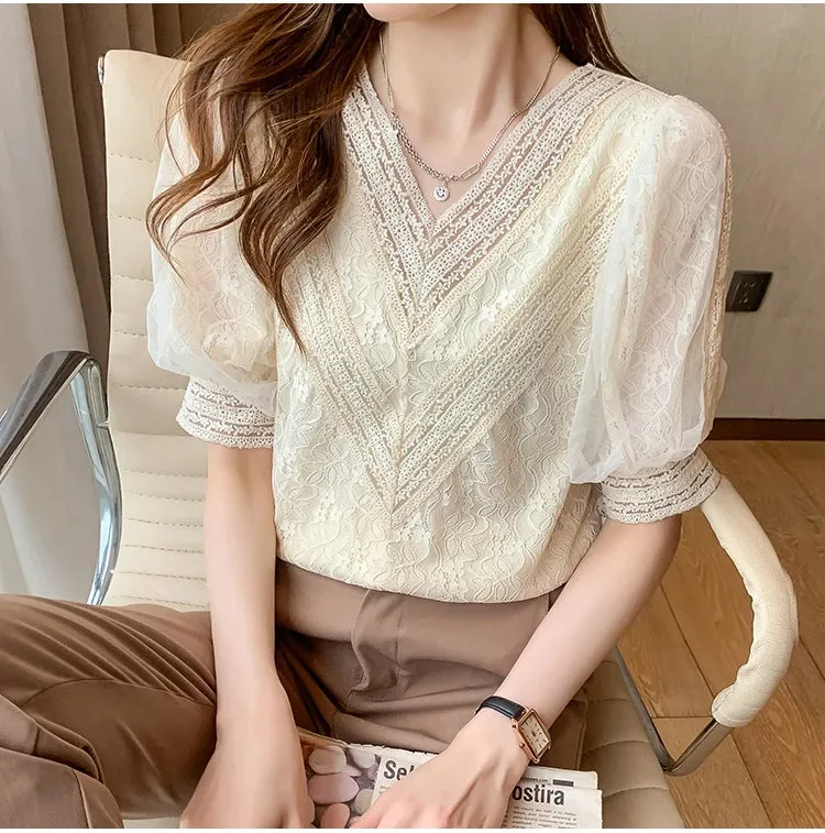 Flytonn-cute winter outfits casual winter outfits christmas outfit party look inspos Short Sleeve V-Neck Lace Blouse Shirt