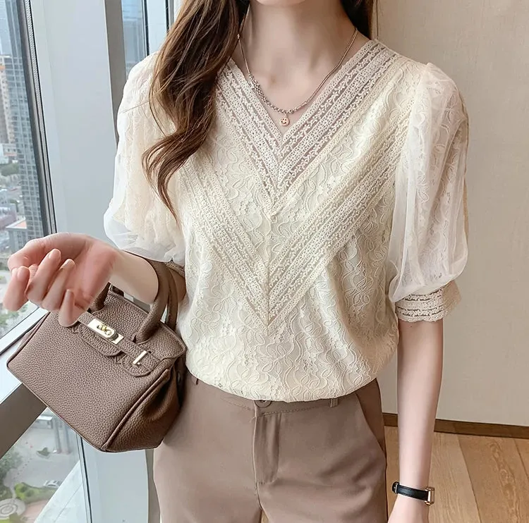 Flytonn-cute winter outfits casual winter outfits christmas outfit party look inspos Short Sleeve V-Neck Lace Blouse Shirt
