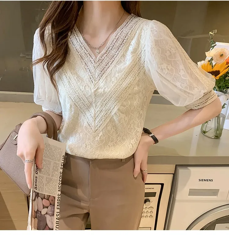 Flytonn-cute winter outfits casual winter outfits christmas outfit party look inspos Short Sleeve V-Neck Lace Blouse Shirt