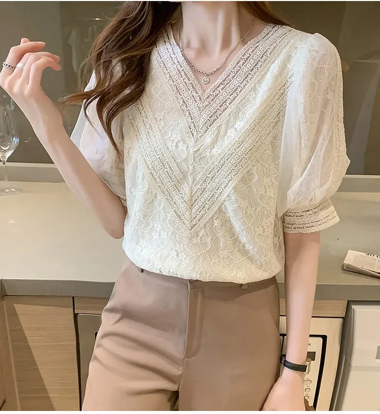 Flytonn-cute winter outfits casual winter outfits christmas outfit party look inspos Short Sleeve V-Neck Lace Blouse Shirt
