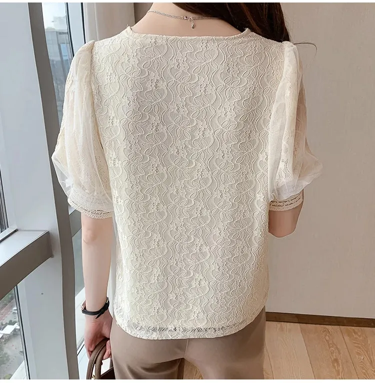 Flytonn-cute winter outfits casual winter outfits christmas outfit party look inspos Short Sleeve V-Neck Lace Blouse Shirt