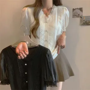 Flytonn-cute winter outfits casual winter outfits christmas outfit party look inspos Short Sleeve V-Neck Lace Pearls Button Chiffon Shirt