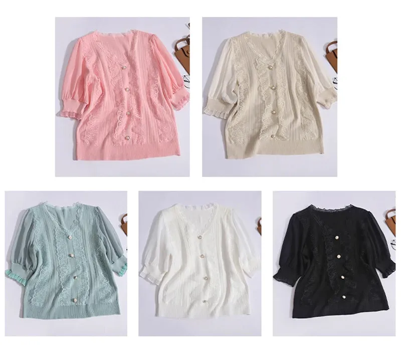 Flytonn-cute winter outfits casual winter outfits christmas outfit party look inspos Short Sleeve V-Neck Lace Pearls Button Chiffon Shirt