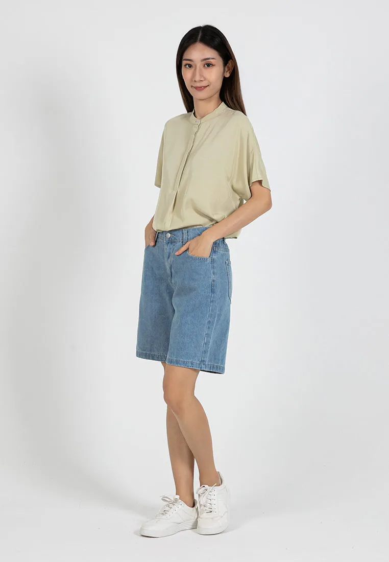 Forest Ladies Denim Jeans Shorts Women Elastic Waist High Waist Short Pants | Seluar Pendek Perempuan - 870150