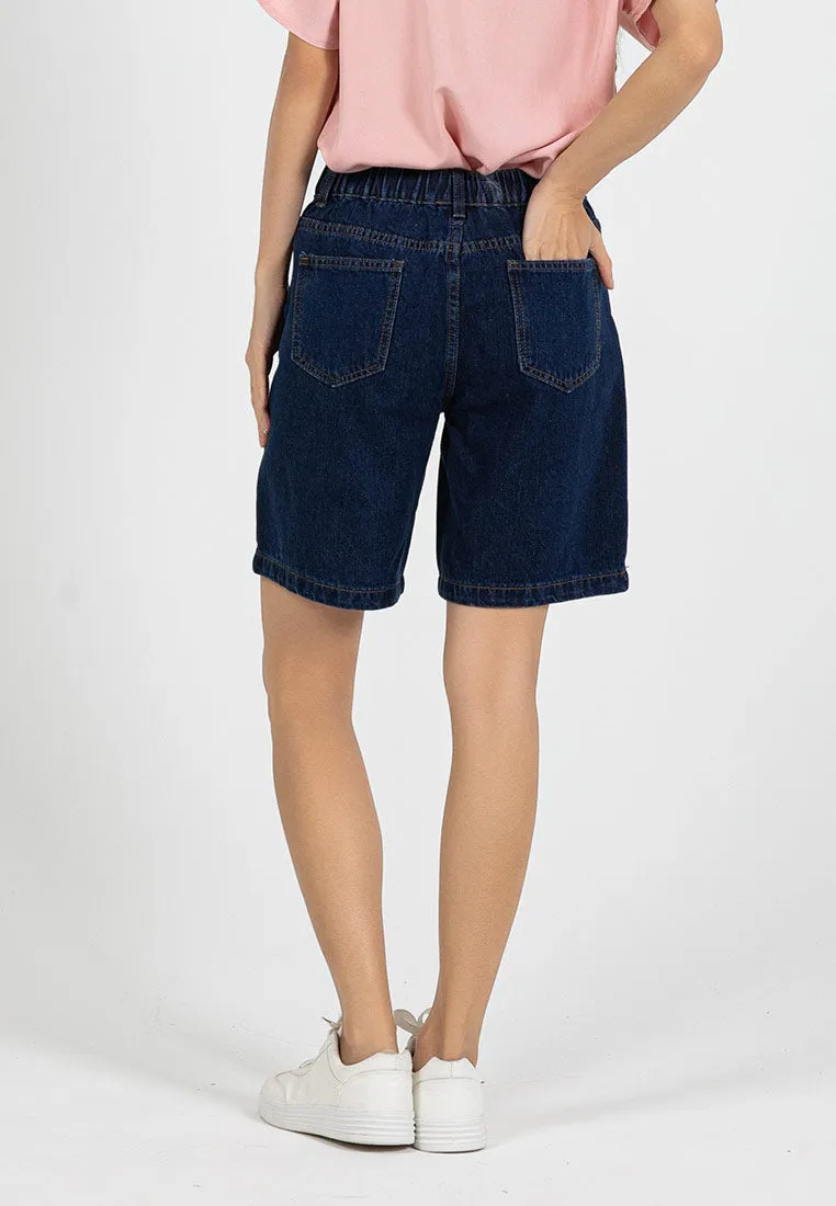 Forest Ladies Denim Jeans Shorts Women Elastic Waist High Waist Short Pants | Seluar Pendek Perempuan - 870150