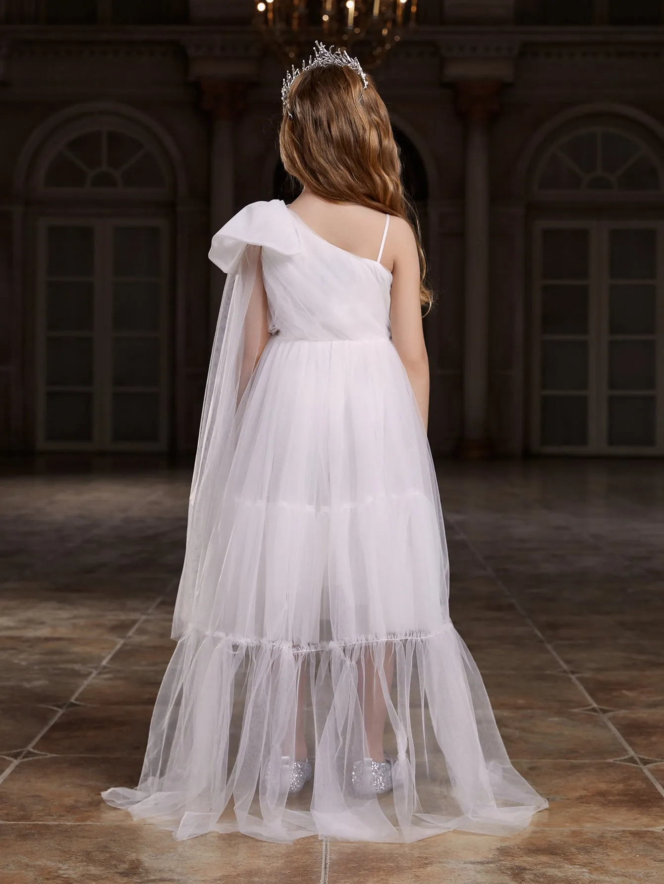 Girl's One Shoulder High Low Hem Draped Side Mesh Dress