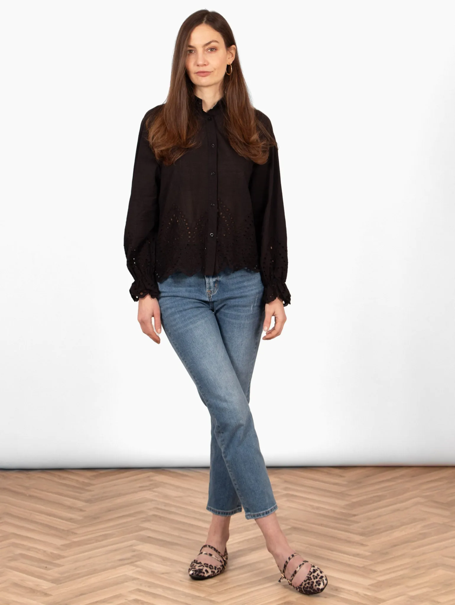 Hattie Long Sleeve Shirt - Black, Broderie Anglaise