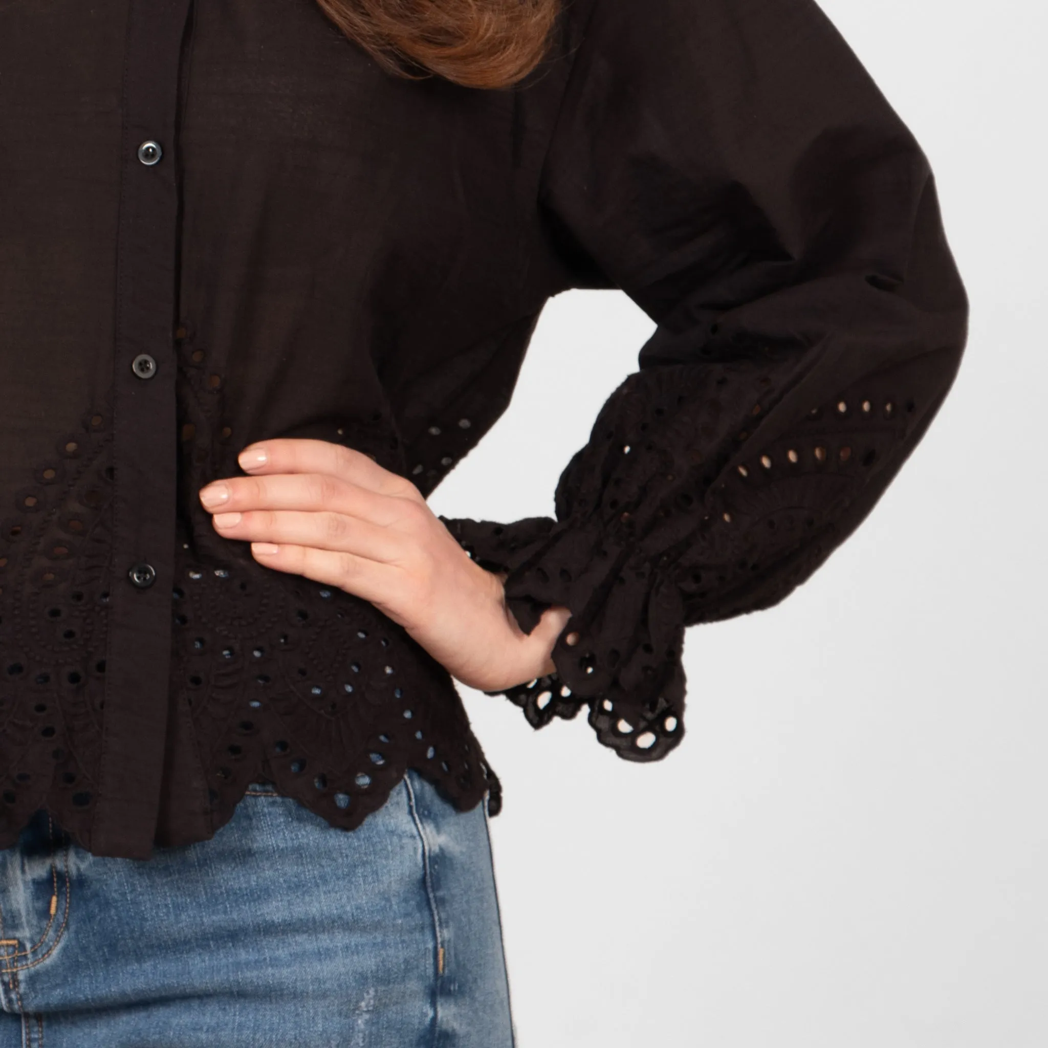 Hattie Long Sleeve Shirt - Black, Broderie Anglaise