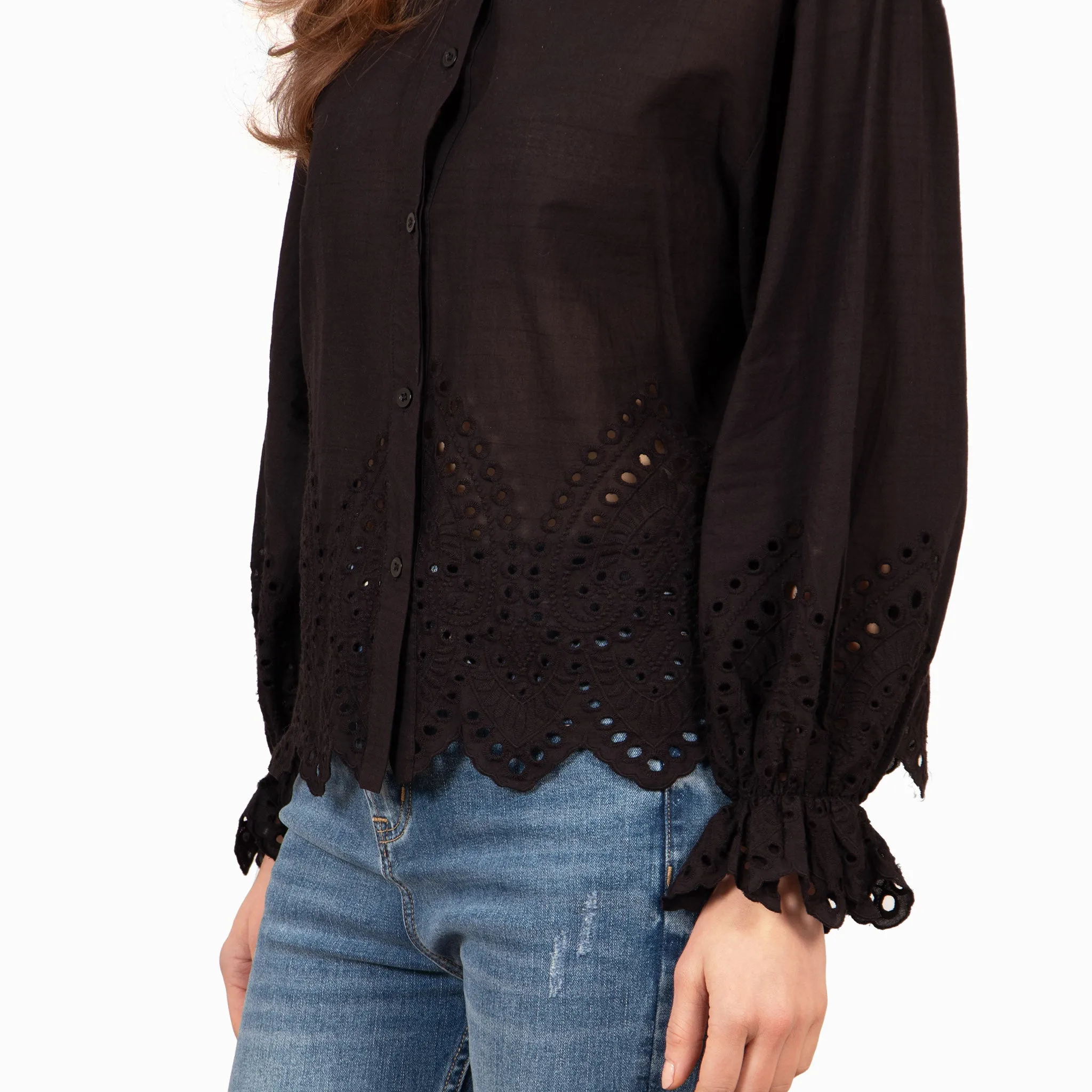 Hattie Long Sleeve Shirt - Black, Broderie Anglaise