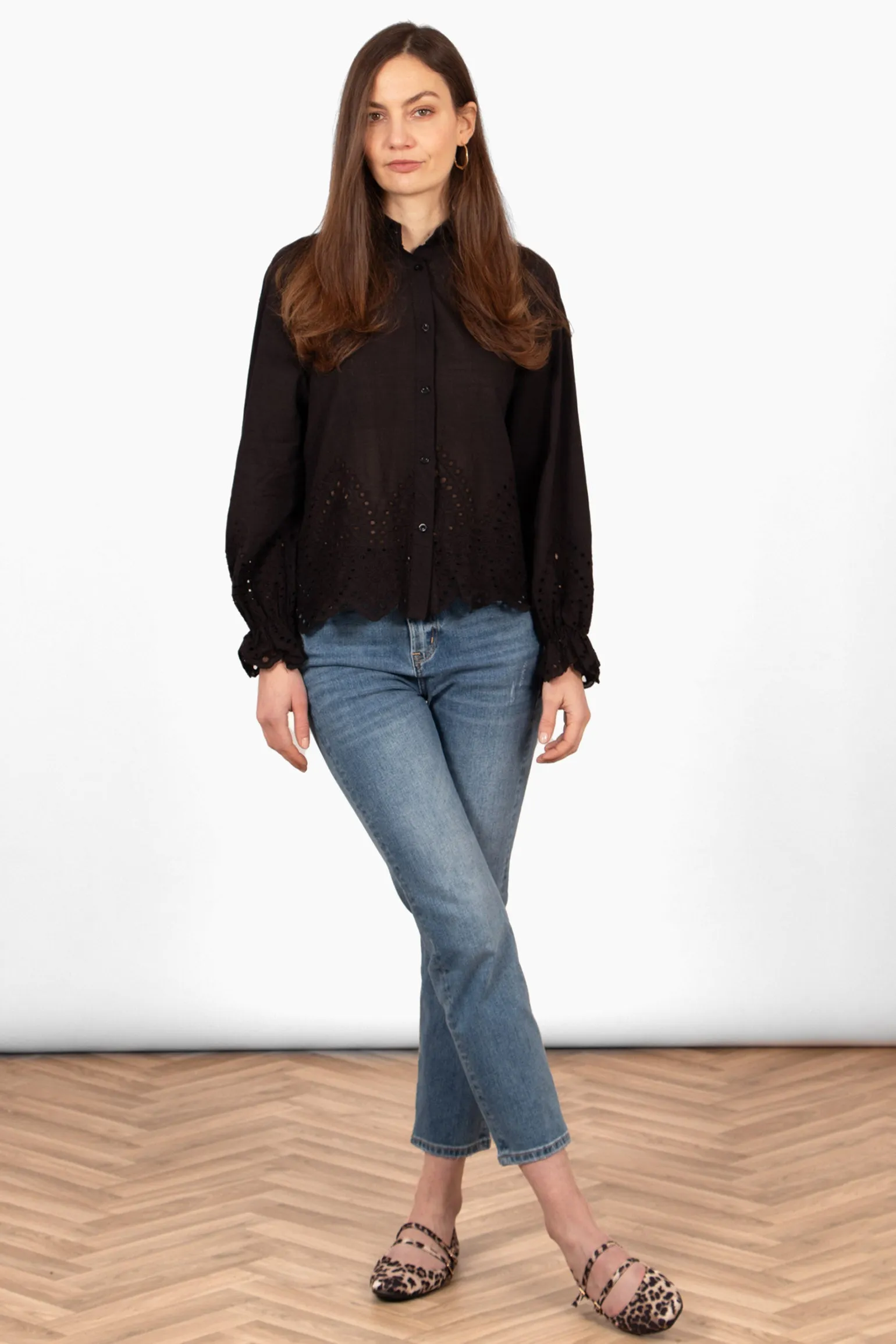 Hattie Long Sleeve Shirt - Black, Broderie Anglaise