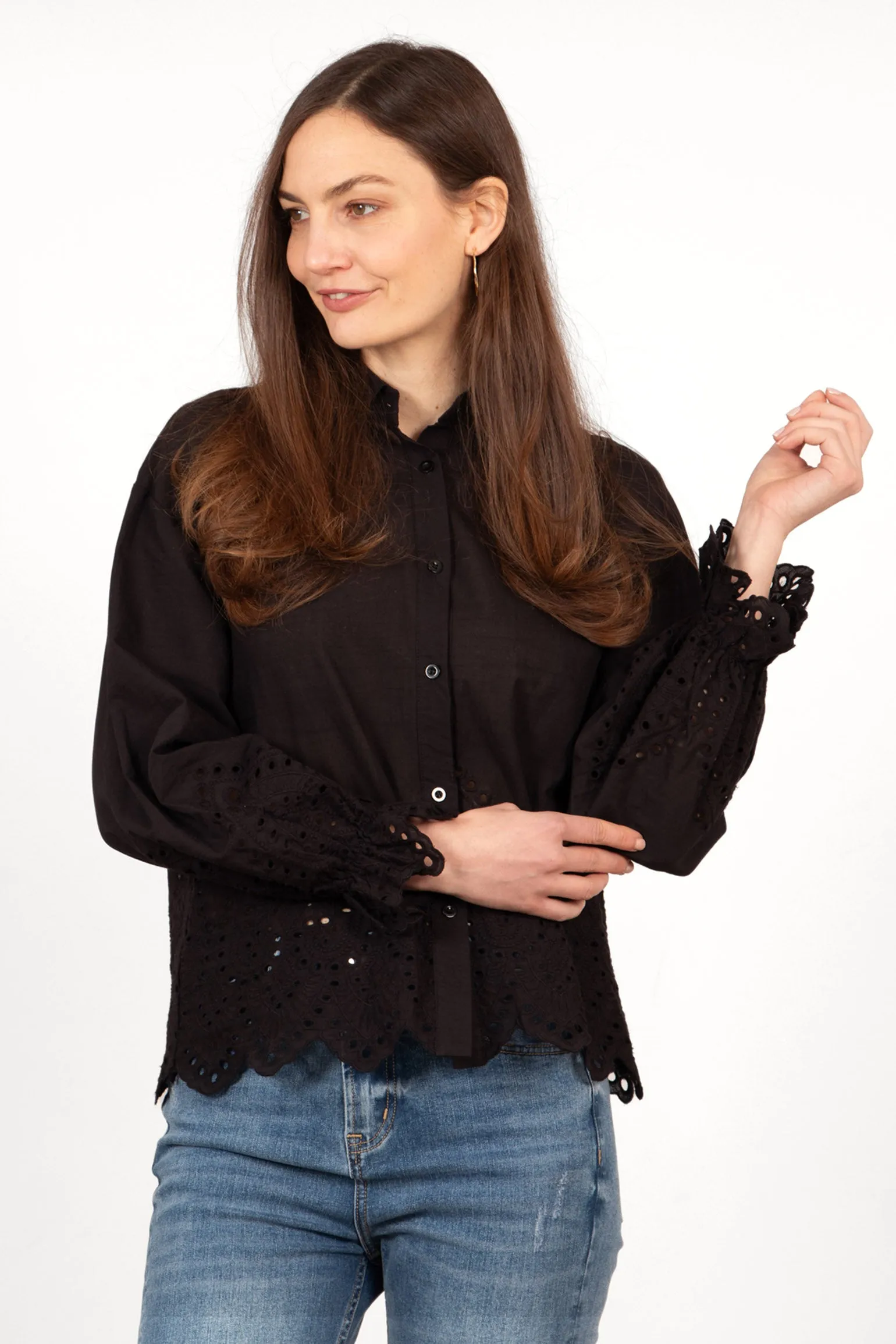 Hattie Long Sleeve Shirt - Black, Broderie Anglaise