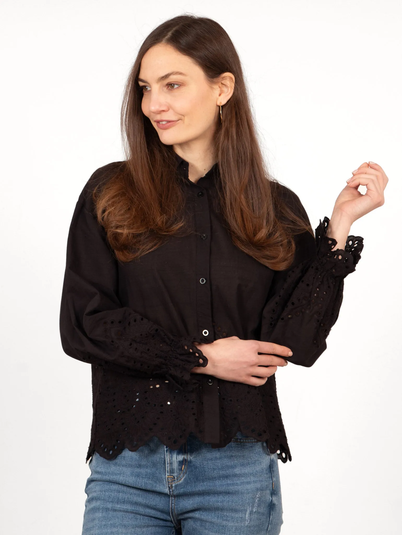Hattie Long Sleeve Shirt - Black, Broderie Anglaise