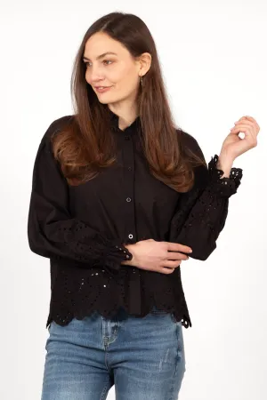 Hattie Long Sleeve Shirt - Black, Broderie Anglaise