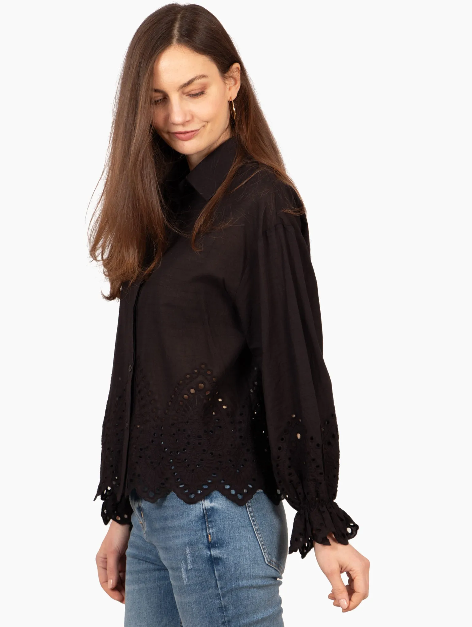 Hattie Long Sleeve Shirt - Black, Broderie Anglaise