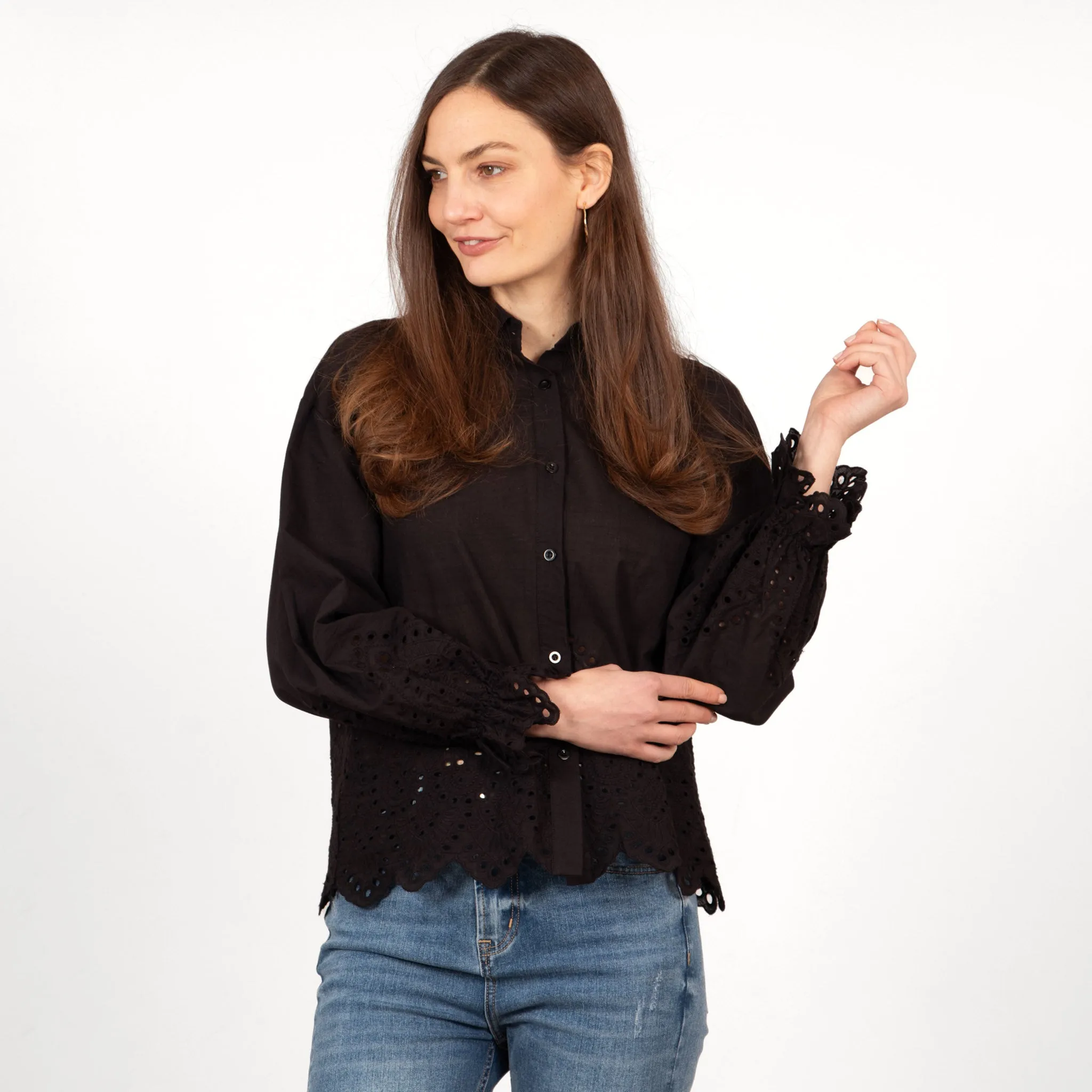 Hattie Long Sleeve Shirt - Black, Broderie Anglaise