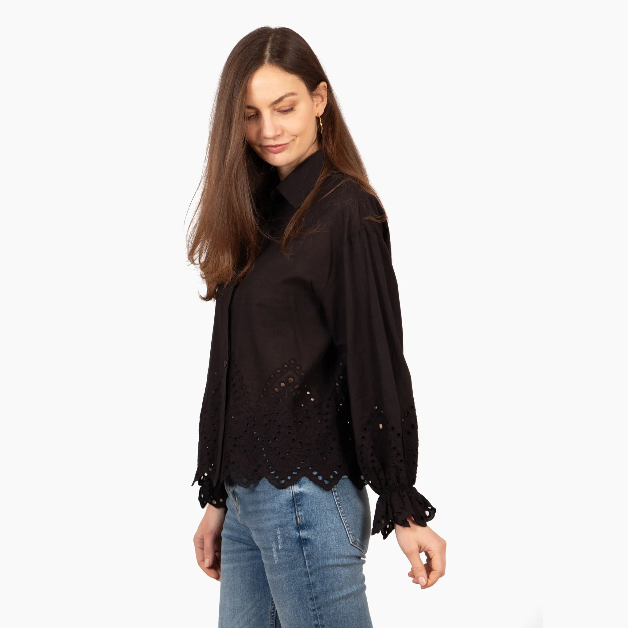 Hattie Long Sleeve Shirt - Black, Broderie Anglaise